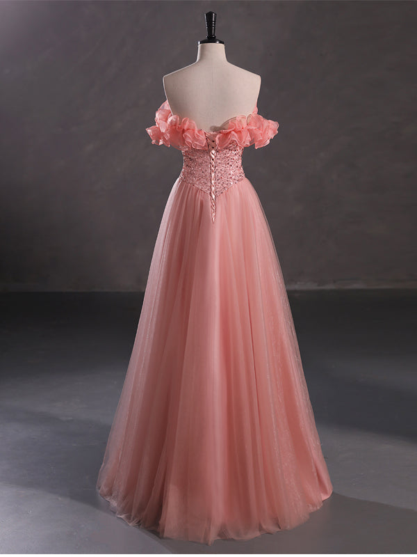 Cute Pink A-line Off Shoulder Cheap Long Prom Dresses Online,12803