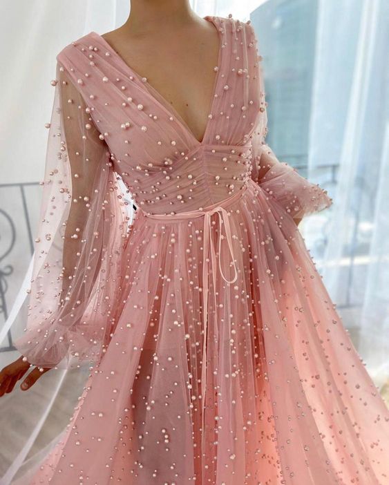 Cute Pink A-line V-neck Long Sleeves Maxi Long Party Prom Dresses,13082