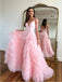 Cute Pink A-line V-neck Spaghetti Straps Maxi Long Party Prom Dresses,13083