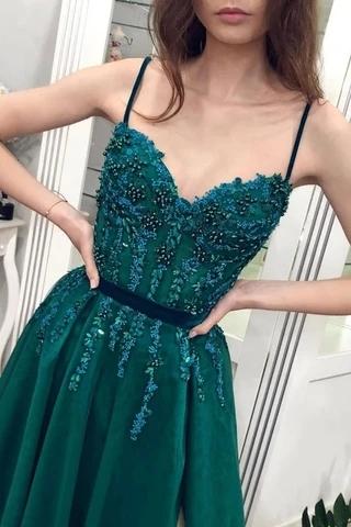 Dark Green A-line Spaghetti Straps High Slit Long Prom Dresses Online,12509