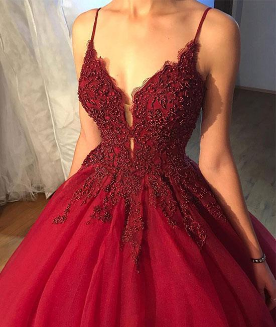 Dark Red A line Lace Beaded V Neckline Long Evening Prom Dresses, Popu LoverBridal Dark Red A line Lace Beaded V Neckline Long Evening Prom Dresses, Popu LoverBridal