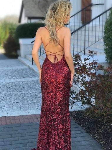 Dark Red Backless Sequin Mermaid Long Evening Prom Dresses, 17708