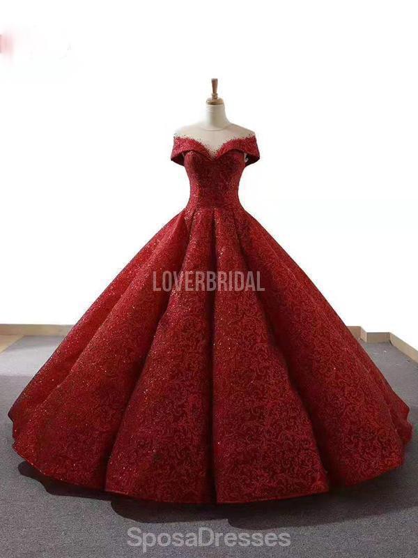 Dark Red Jewel Off Shoulder Ball Gown Long Evening Prom Dresses, Evening Party Prom Dresses, 12213