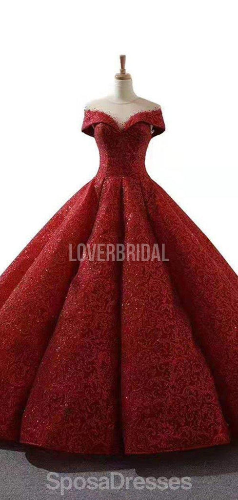 Dark Red Jewel Off Shoulder Ball Gown Long Evening Prom Dresses, Evening Party Prom Dresses, 12213