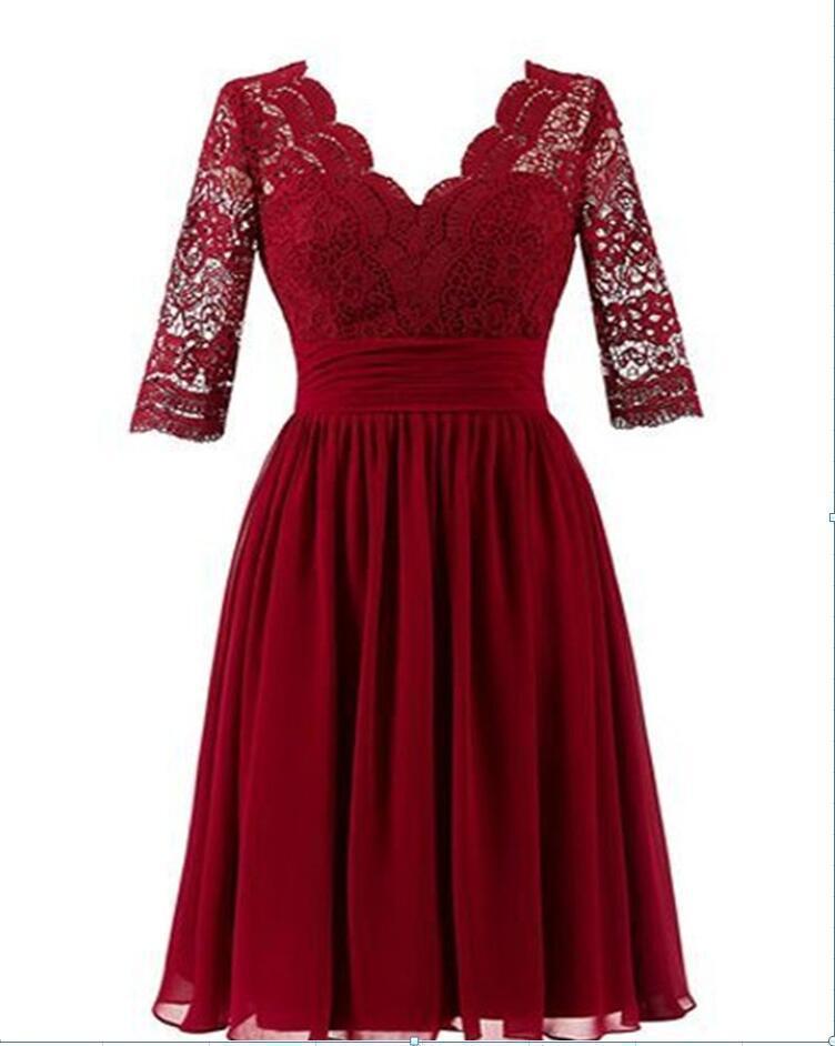 Dark Red Long Sleeve Lace Short Bridesmaid Dresses, Cheap Custom Short Bridesmaid Dresses, Affordable Bridesmaid Gowns, BD024