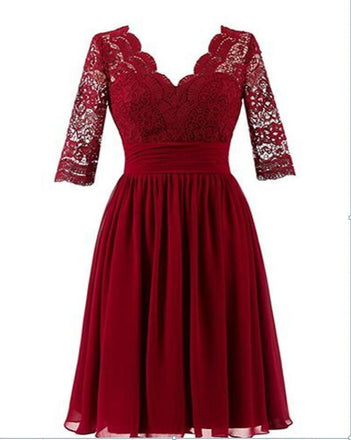 Dark Red Long Sleeve Lace Short Bridesmaid Dresses, Cheap Custom Short Bridesmaid Dresses, Affordable Bridesmaid Gowns, BD024