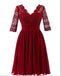 Dark Red Long Sleeve Lace Short Bridesmaid Dresses, Cheap Custom Short Bridesmaid Dresses, Affordable Bridesmaid Gowns, BD024