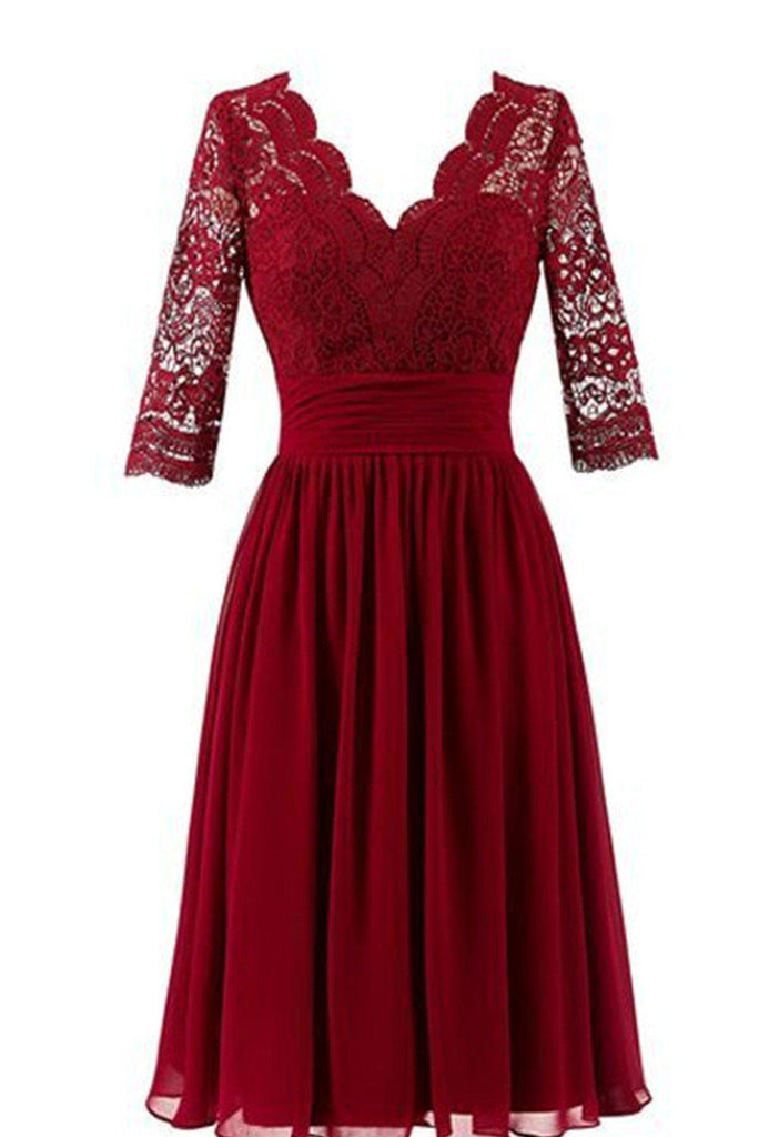 Dark Red Long Sleeve Lace Short Bridesmaid Dresses, Cheap Custom Short Bridesmaid Dresses, Affordable Bridesmaid Gowns, BD024