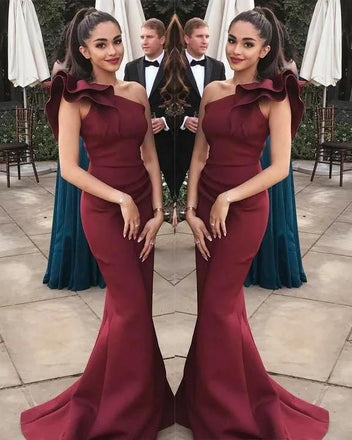 Dark Red One Shoulder Sexy Mermaid Long Bridesmaid Dresses Gown Online,WG911