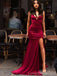 Dark Red Side Slit Mermaid Long Evening Prom Dresses With Pockets, Cheap Custom Party Prom Dresses, 18610
