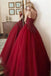 Dark Red Spaghetti Straps Lace Beaded A-line Long Evening Prom Dresses, Evening Party Prom Dresses, 12315