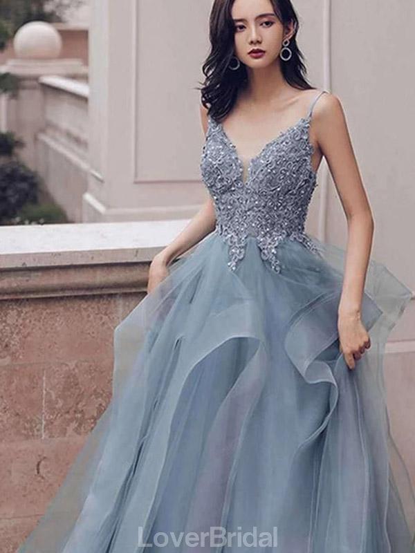 Dusty Blue V Neck Spaghetti Straps Lace Beaded Cheap Evening Prom Dresses, Evening Party Prom Dresses, 12170