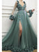 Dusty Green A-line High Slit V-neck Long Sleeves Prom Dresses Online,12478