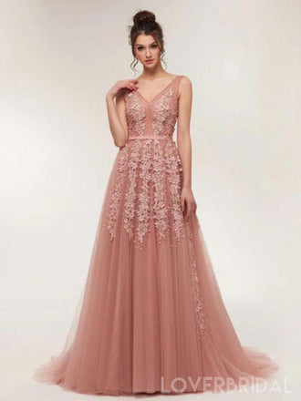 Dusty Pink V Neck Lace Beaded Long Evening Prom Dresses, Cheap Custom Sweet 16 Dresses, 18521