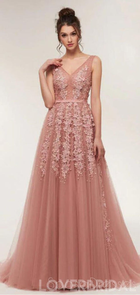 Dusty Pink V Neck Lace Beaded Long Evening Prom Dresses, Cheap Custom Sweet 16 Dresses, 18521