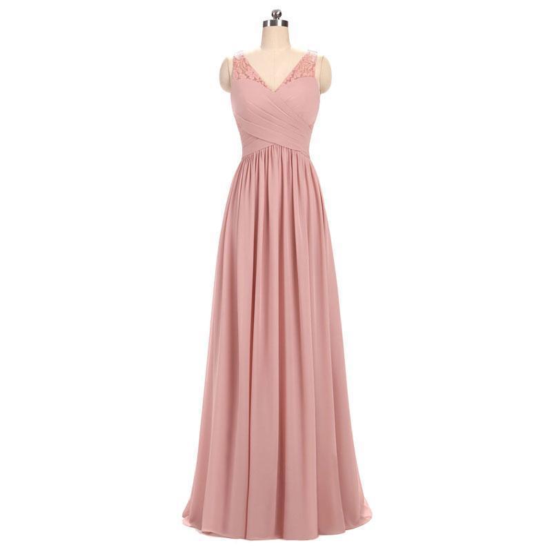 Dusty Pink V Neck Lace Straps Long Chiffon Cheap Bridesmaid Dresses Online, WG280