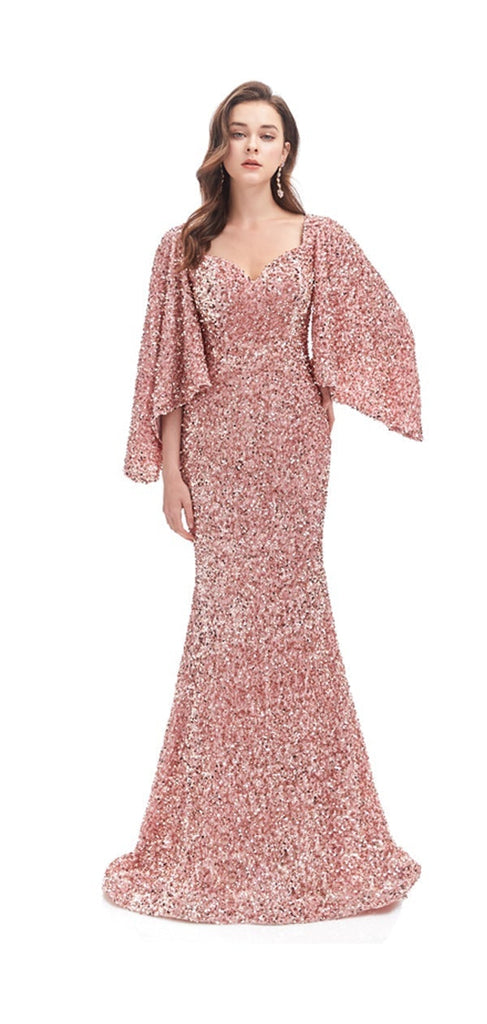 Dusty Rose Mermaid 3/4 Sleeves Long Prom Dresses Online,Evening Party Dresses,12578