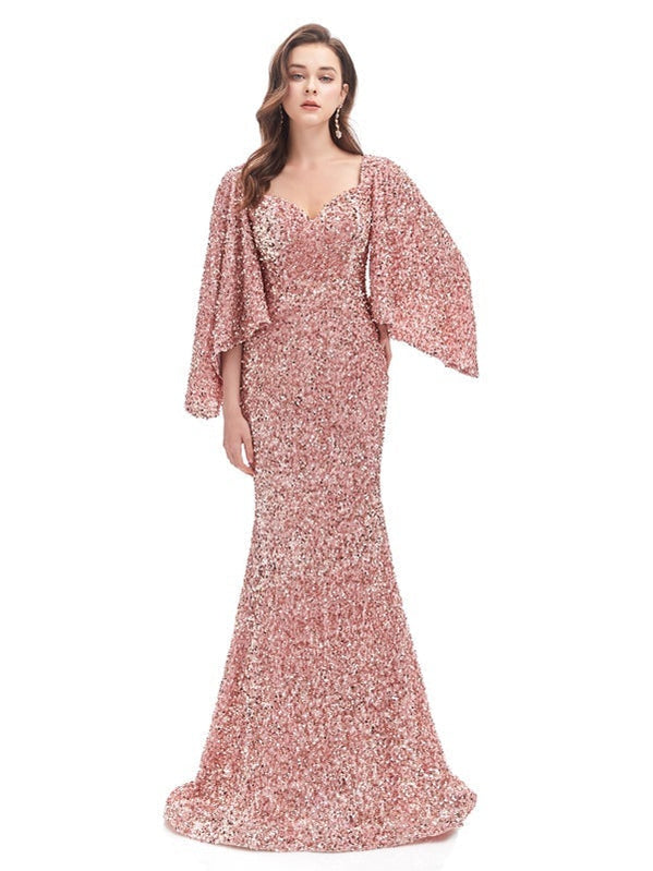 Dusty Rose Mermaid 3/4 Sleeves Long Prom Dresses Online,Evening Party Dresses,12578