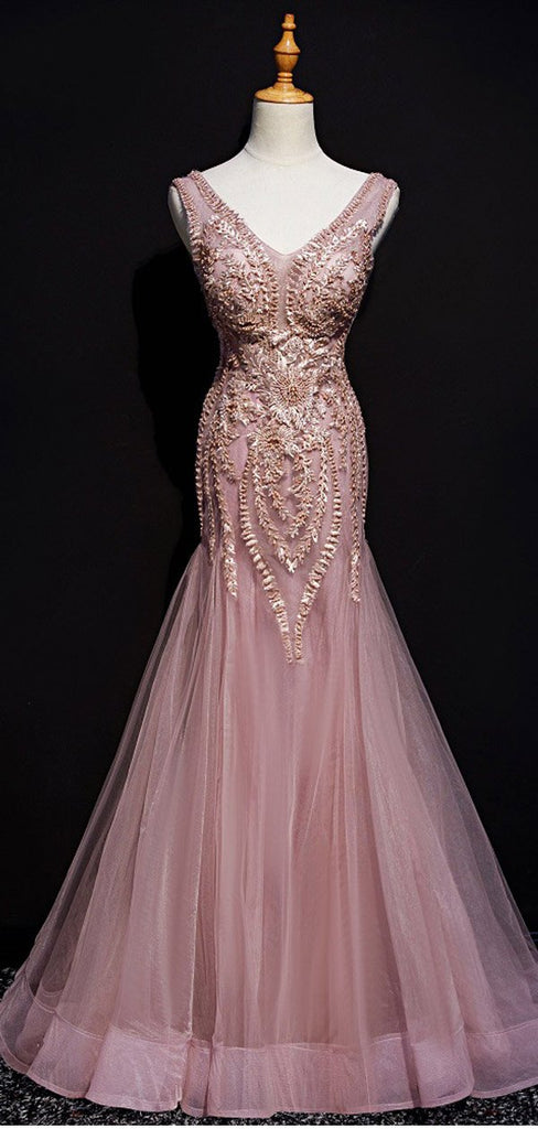 Dusty Rose Mermaid V-neck Long Prom Dresses Online, Dance Dresses,12450