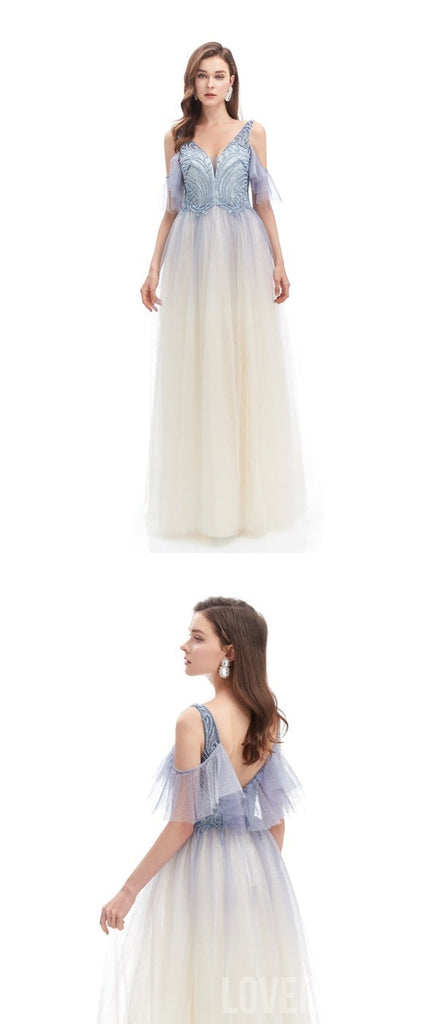 Elegant A-line Off Shoulder V-neck Long Prom Dresses Online, Dance Dresses,12609