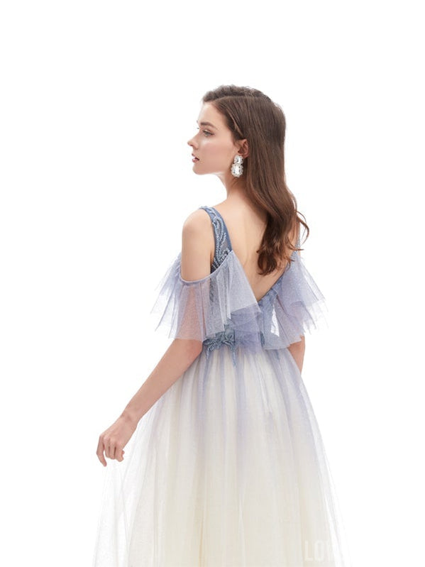 Elegant A-line Off Shoulder V-neck Long Prom Dresses Online, Dance Dresses,12609