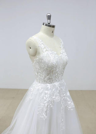 Elegant Backless Lace V Neck Tulle A-line Cheap Wedding Dresses Online, WD390