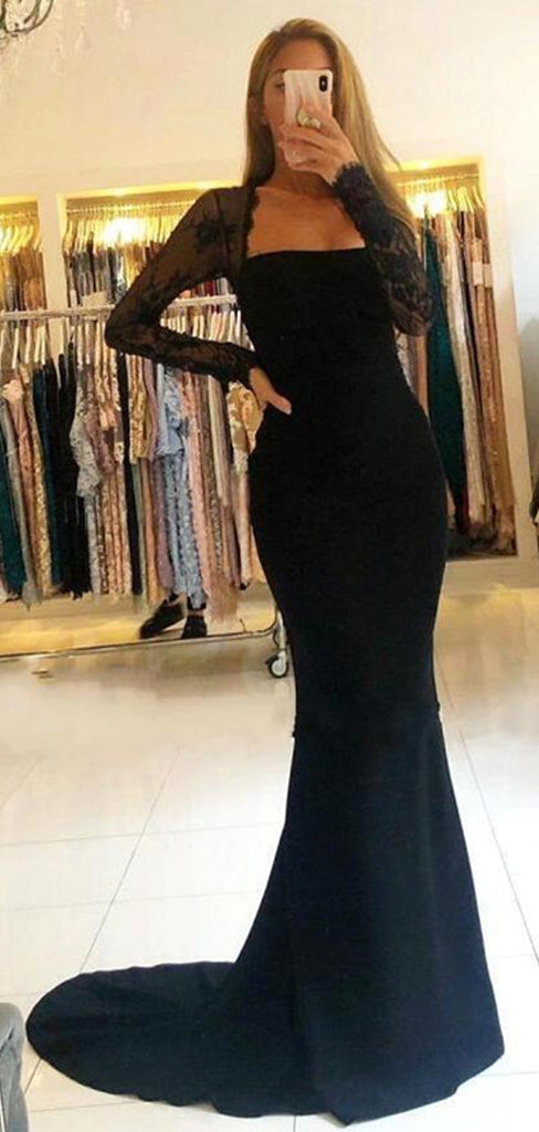Elegant Black Mermaid Long Sleeves Maxi Long Prom Dresses,Evening Dresses,12937