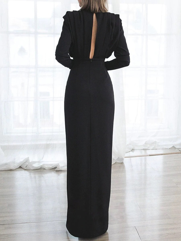 Elegant Black Mermaid Long Sleeves Side Slit Cheap Prom Dresses,12770