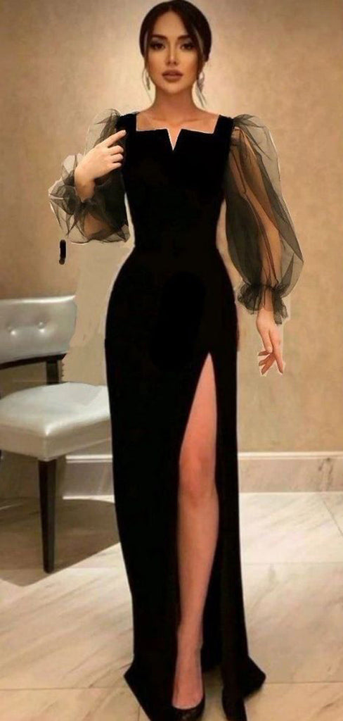 Elegant Black Sheath Long Sleeves Side Slit Cheap Long Prom Dresses Online,12784
