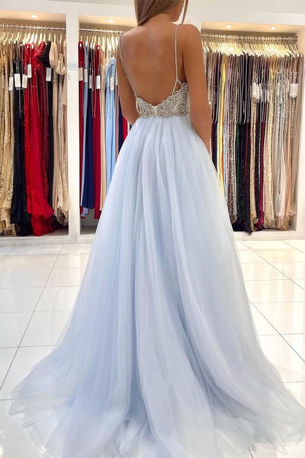 Elegant Blue A-line Spaghetti Straps V-neck Maxi Long Party Prom Dresses,13085