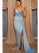 Elegant Blue Sheath One Shoulder Side Slit Long Prom Dresses Online,12829