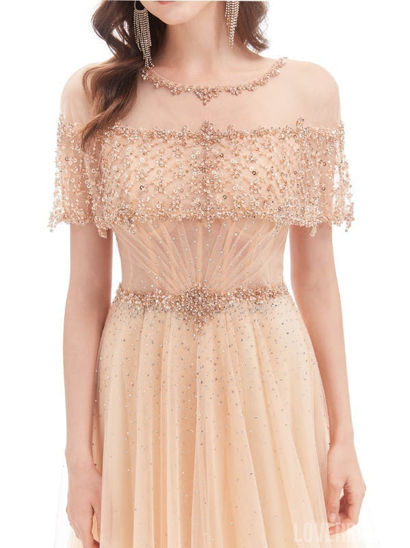 Elegant Champagne A-line Short Sleeves Long Prom Dresses Online,12583