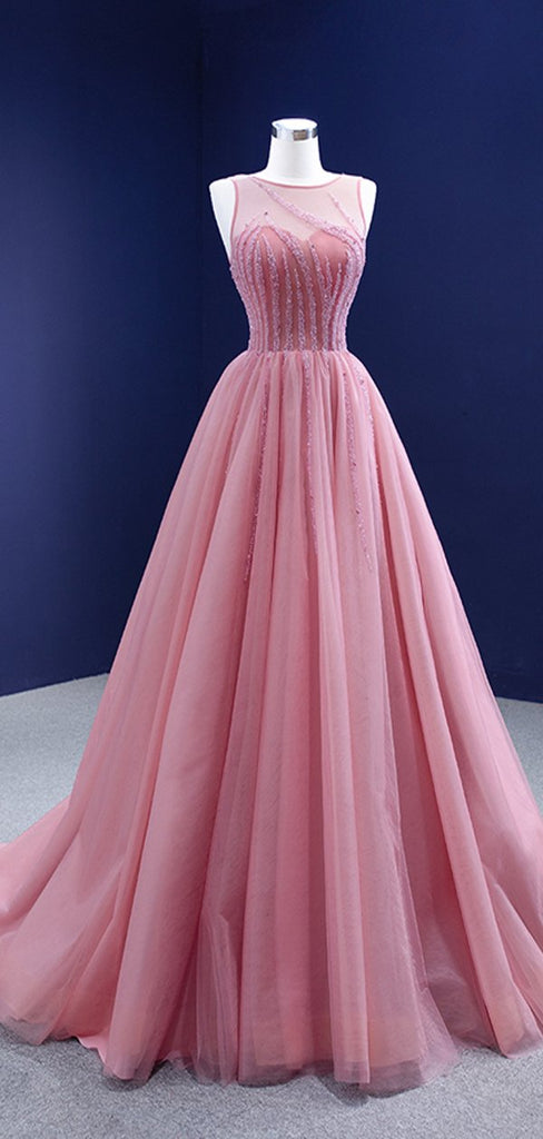 Elegant Pink A-line Illusion Long Party Prom Dresses, Dance Dresses,12356