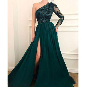 Emerald Green A-line Long Sleeves One Shoulder High Slit Prom Dresses Online,12539