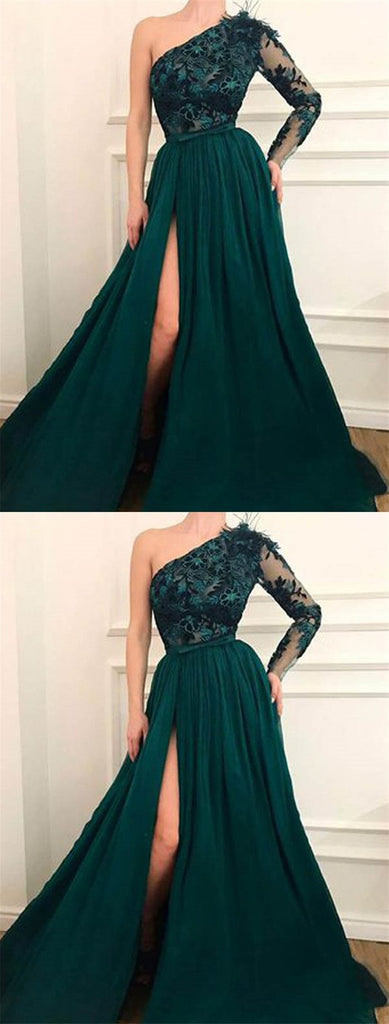 Emerald Green A-line Long Sleeves One Shoulder High Slit Prom Dresses Online,12539