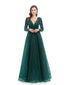 Emerald Green A-line Long Sleeves V-neck Prom Dresses Online,12610