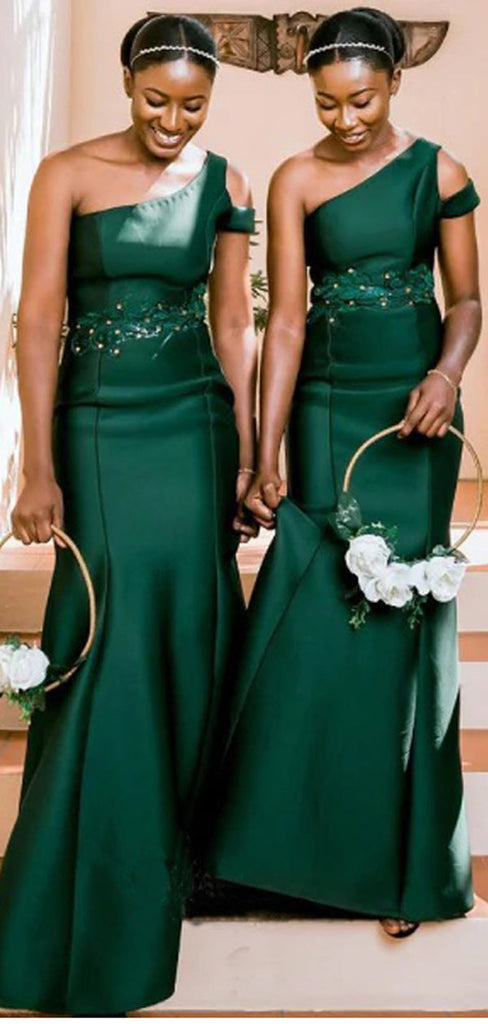 Emerald Green Mermaid One Shoulder Cheap Long Bridesmaid Dresses,WG1125
