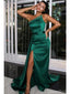 Emerald Green Mermaid One Shoulder High Slit Cheap Long Prom Dresses,12663