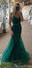 Emerald Green Mermaid Spaghetti Straps V-neck Cheap Long Prom Dresses,12671