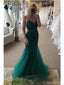 Emerald Green Mermaid Spaghetti Straps V-neck Cheap Long Prom Dresses,12671