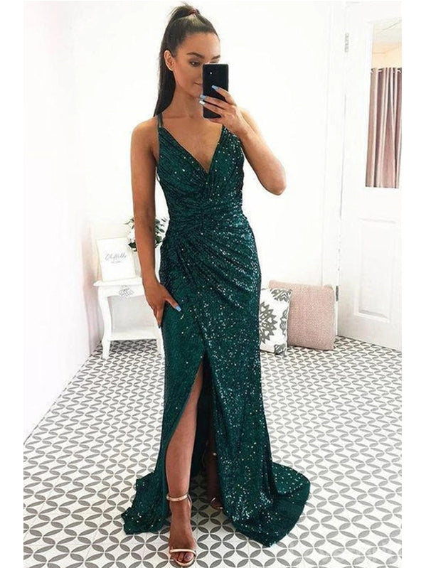 Emerald Green Mermaid Spaghetti Straps V-neck High Slit Long Prom Dresses,12632