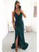 Emerald Green Mermaid Spaghetti Straps V-neck High Slit Long Prom Dresses,12632