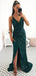 Emerald Green Mermaid Spaghetti Straps V-neck High Slit Long Prom Dresses,12632