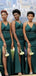 Emerald Green Mermaid V-neck High Slit Cheap Long Bridesmaid Dresses,WG1247