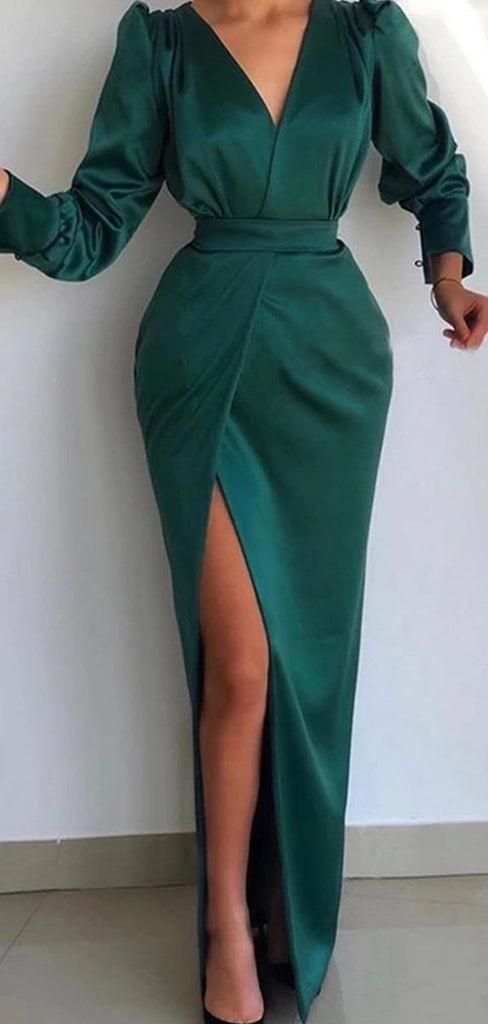 Emerald Green Sheath Long Sleeves V-neck High Slit Cheap Prom Dresses Online,12615