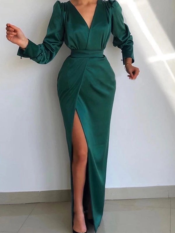Emerald Green Sheath Long Sleeves V-neck High Slit Cheap Prom Dresses Online,12615