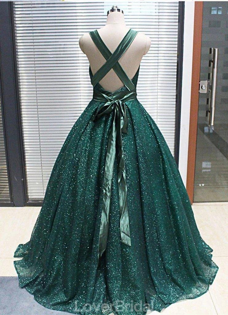 Emerald Green V Neck Sparkly Ball Gown Cheap Evening Prom Dresses, Evening Party Prom Dresses, 12156