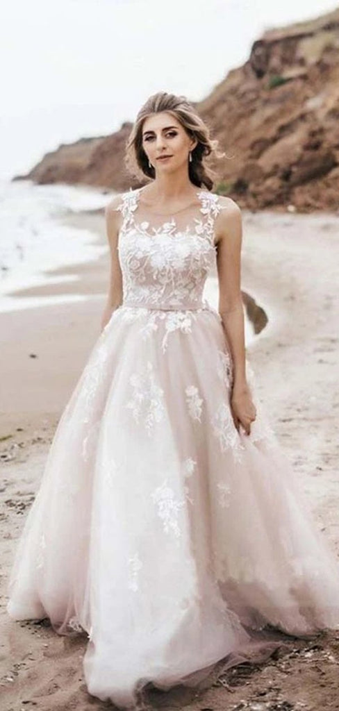 Floral A-line Sleeveless Straps Handmade Lace Wedding Dresses,WD744
