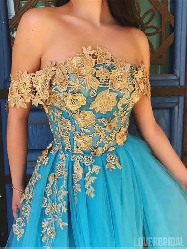 Floral Blue A-line Off Shoulder High Slit Cheap Long Prom Dresses Online,12613