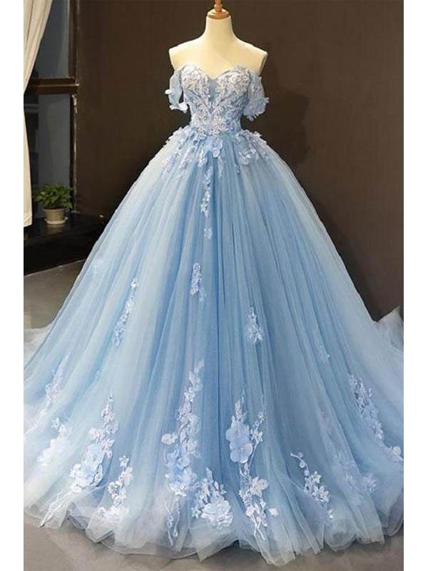 Floral Blue A-line Off Shoulder Long Prom Dresses Online, Dance Dresses,12512